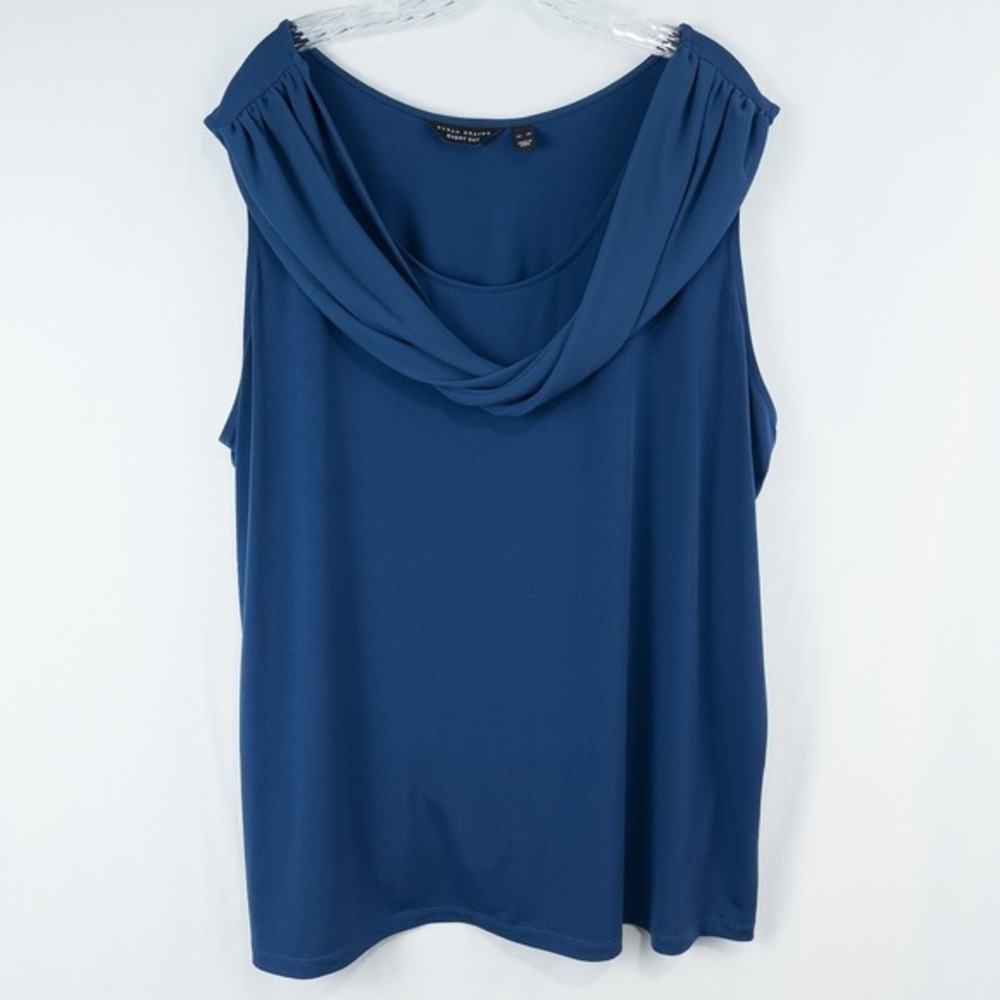 Susan Graver Everyday Liquid Knit Sleeveless‎ Two Way Cowl Neck Top 4X Blue